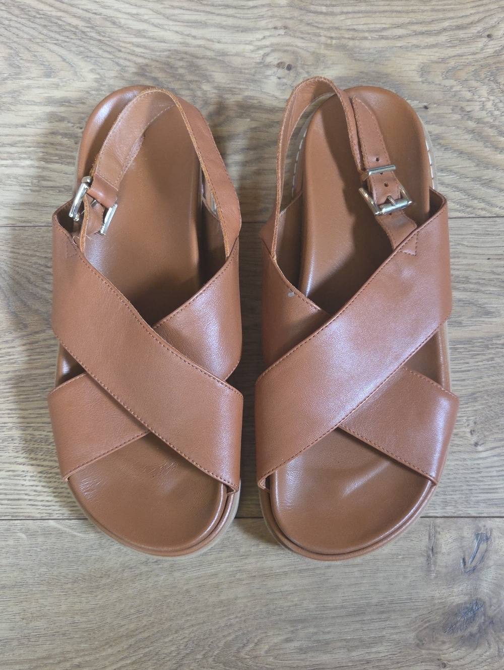 ALOHAS Tan Crisscross Leather Slide Sandals